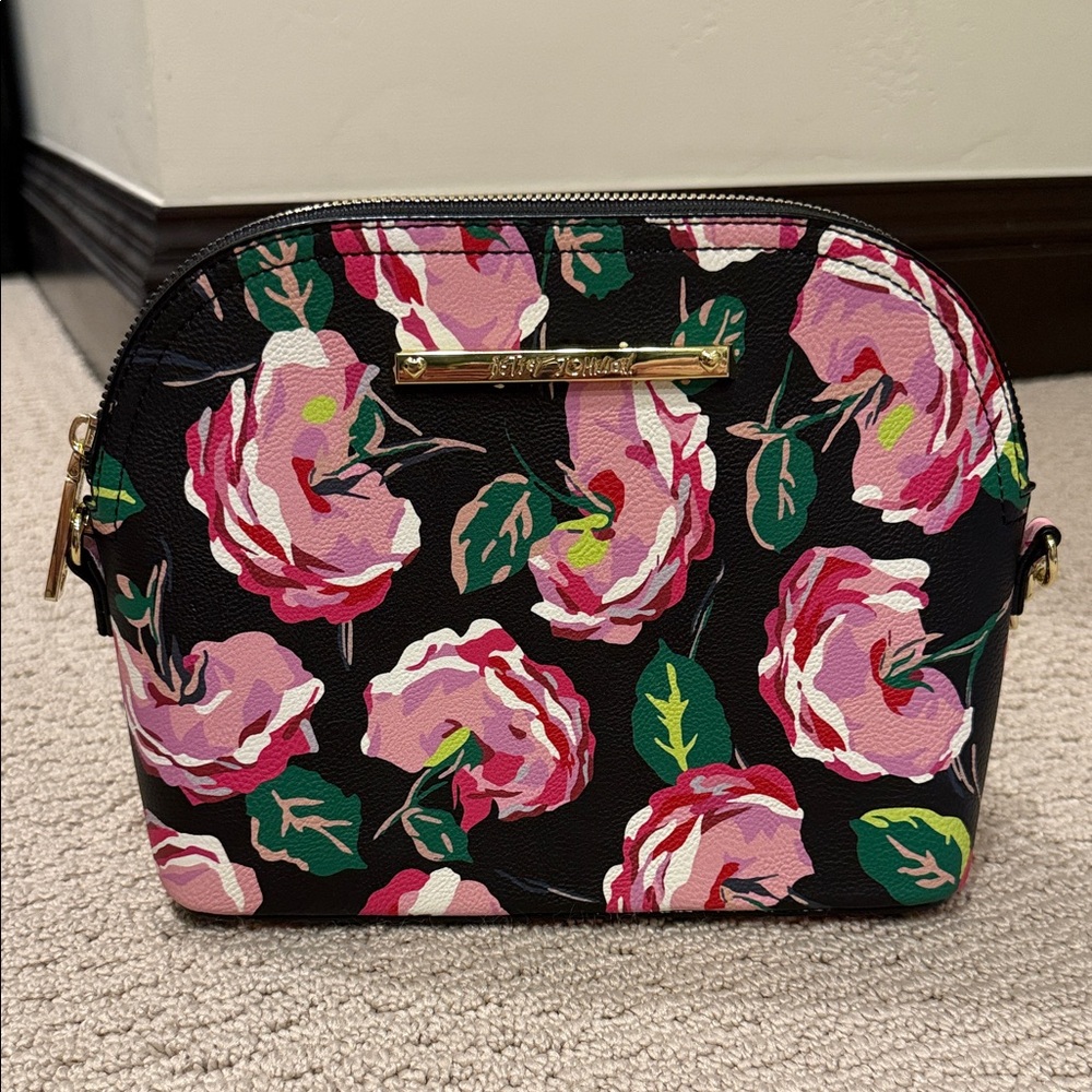 NWOT Betsy Johnson Black and Pink Floral Cross Body Bag